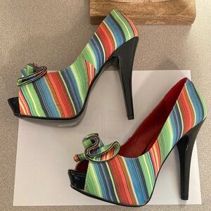 Pin Up Couture heels, Lolita, multi color striped fabric, sz 7, new without box
